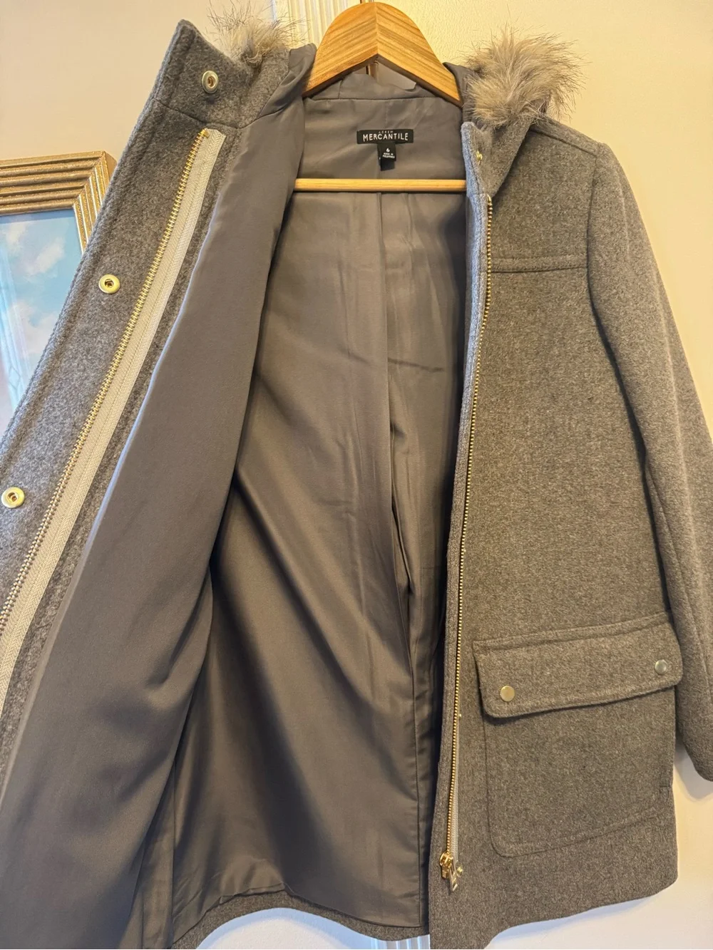 J. CREW MERCANTILE VAIL PARKA COAT HEATHER GREY FAUX FUR HOOD WOOL BLEND